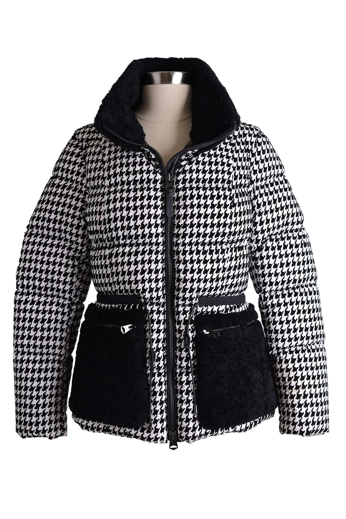 Elise Shearling Trim Houndstooth Down Puffer Jacket