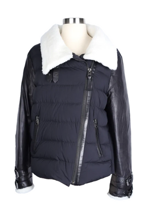 Leather Sleeve Shearling Collar Down Puffer Jacket