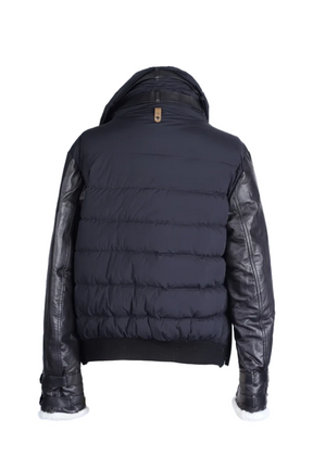 Leather Sleeve Shearling Collar Down Puffer Jacket