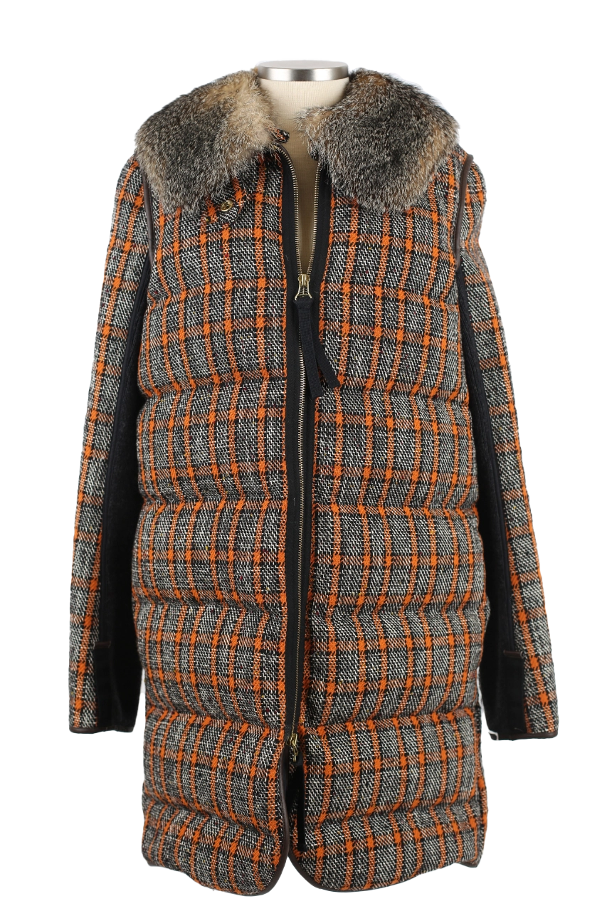 Wool Tweed Down Coat W/ Fur Collar