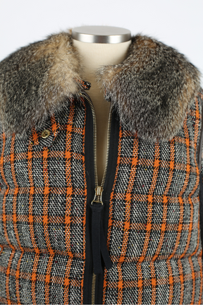 Wool Tweed Down Coat W/ Fur Collar