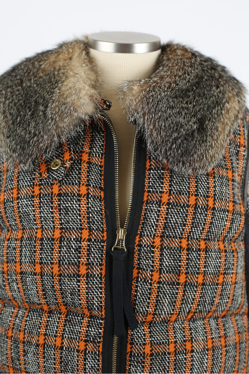 Wool Tweed Down Coat W/ Fur Collar