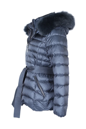 Belted Down Filled Puffer Jacket w/ Fur Hood