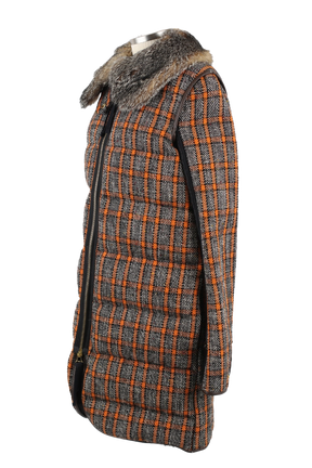 Wool Tweed Down Coat W/ Fur Collar