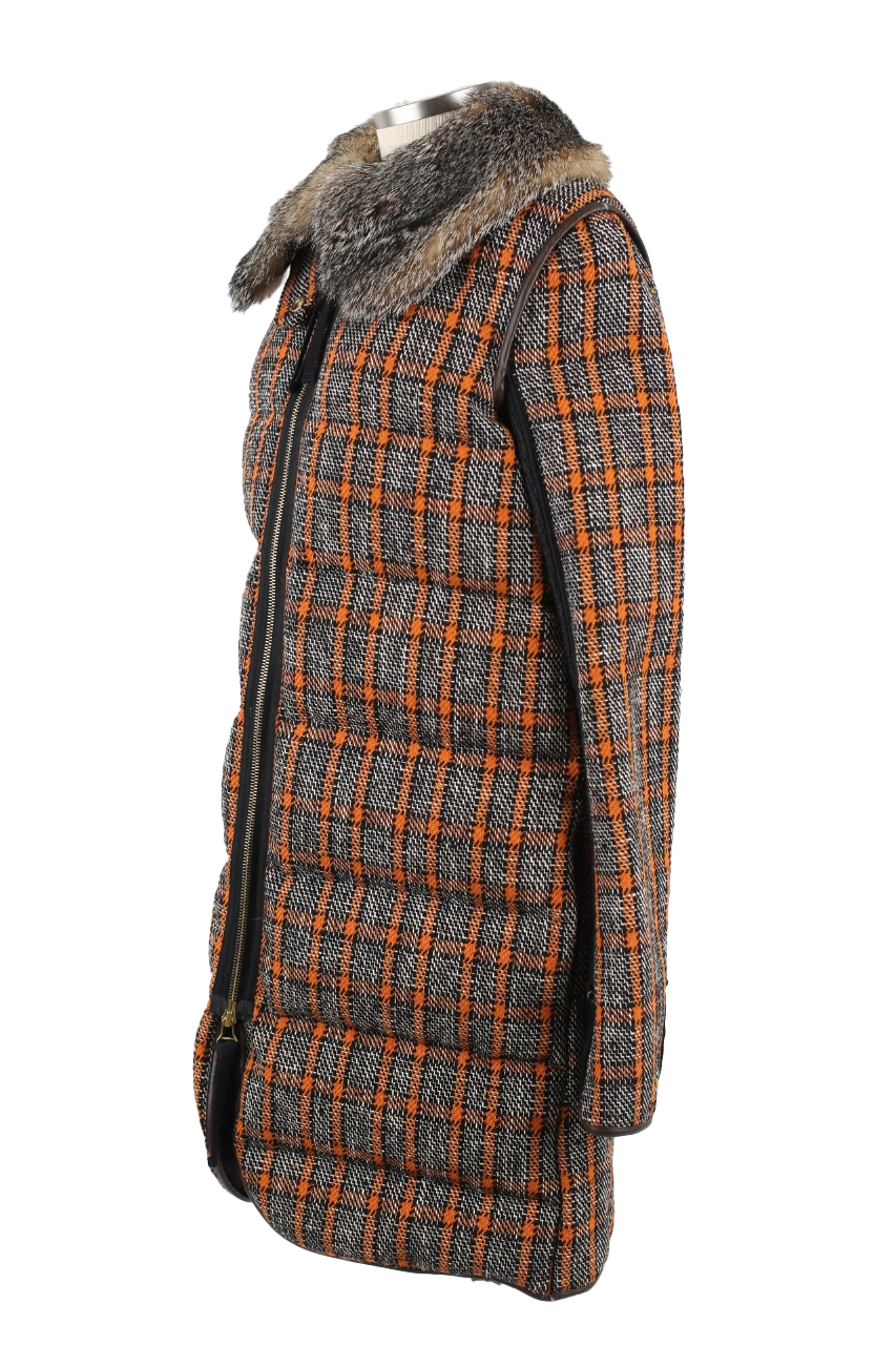 Wool Tweed Down Coat W/ Fur Collar