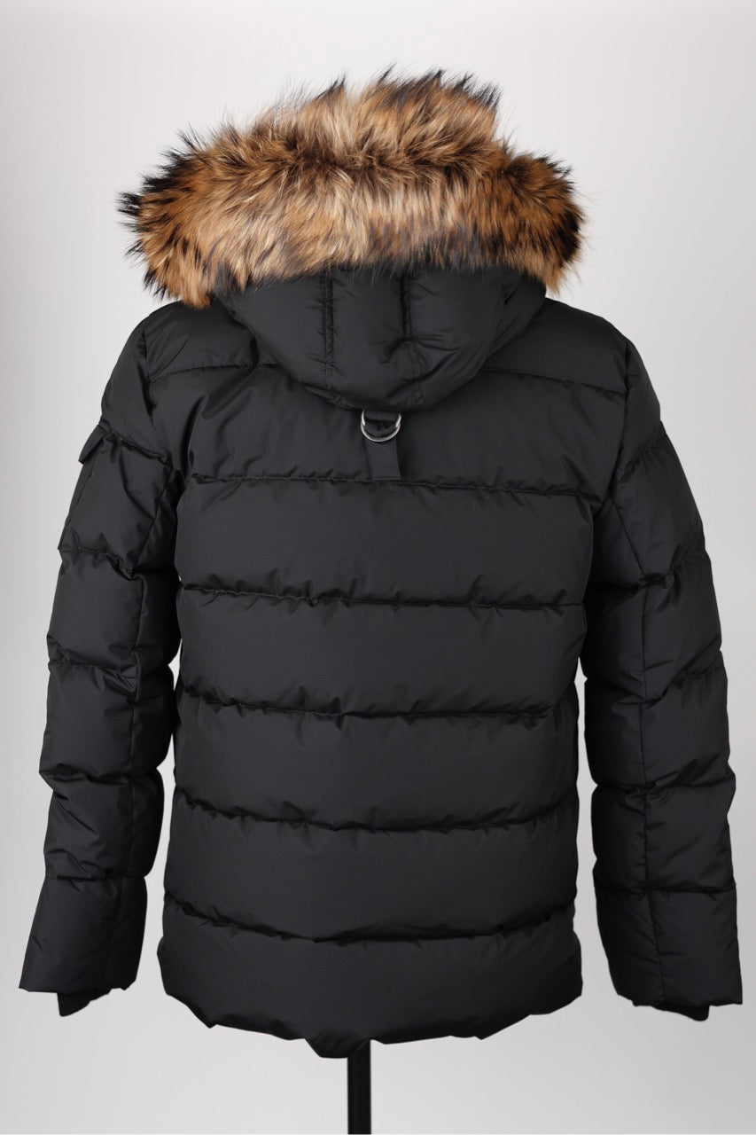 Quilted Puffer Jacket With Fur Hood-Black