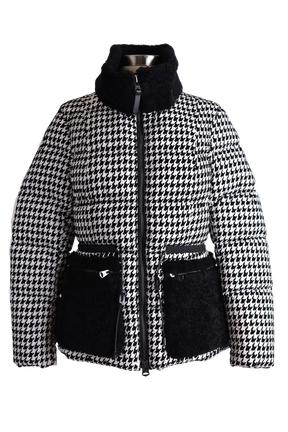 Elise Shearling Trim Houndstooth Down Puffer Jacket