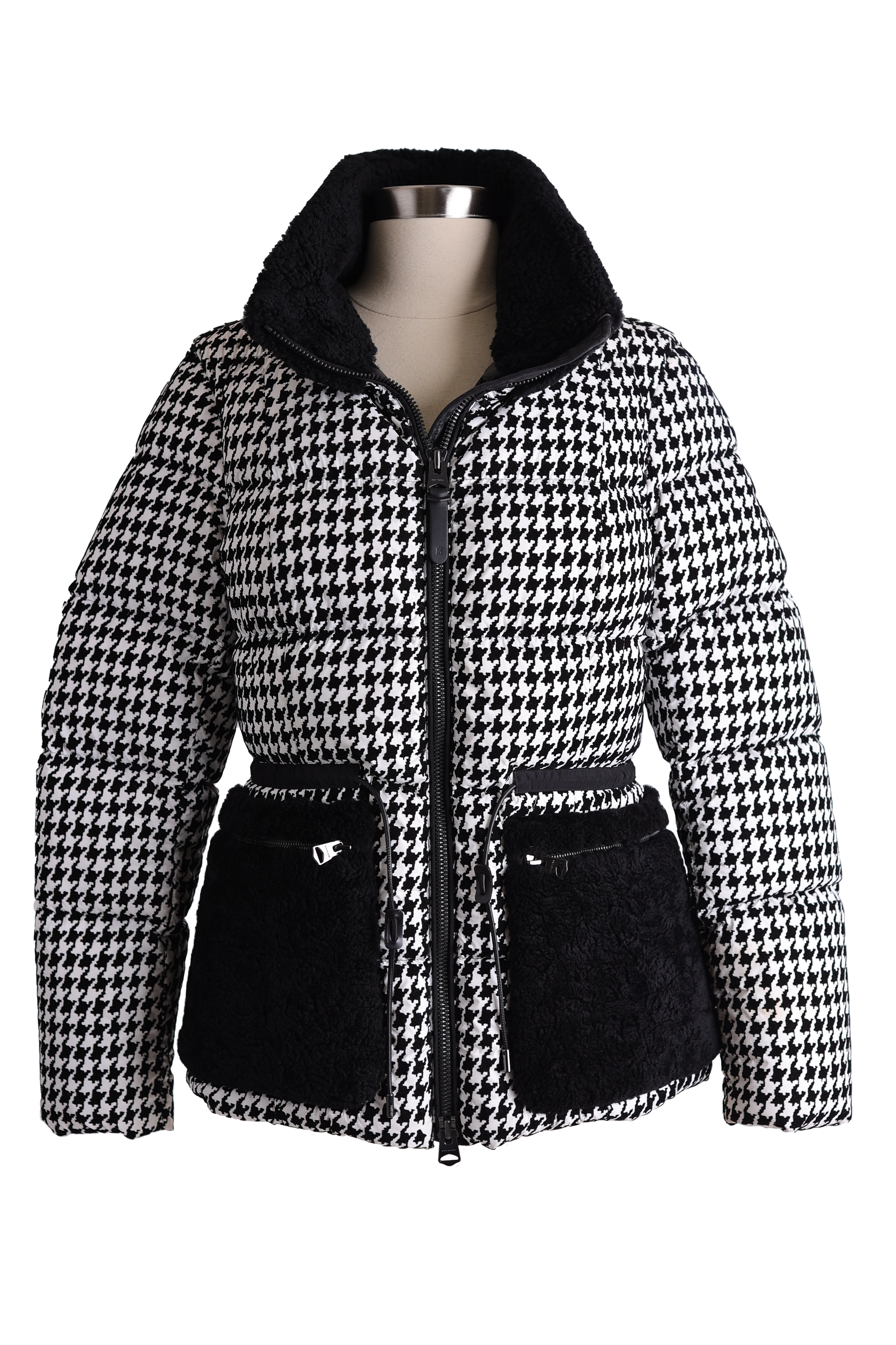 Elise Shearling Trim Houndstooth Down Puffer Jacket