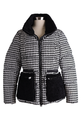 Elise Shearling Trim Houndstooth Down Puffer Jacket