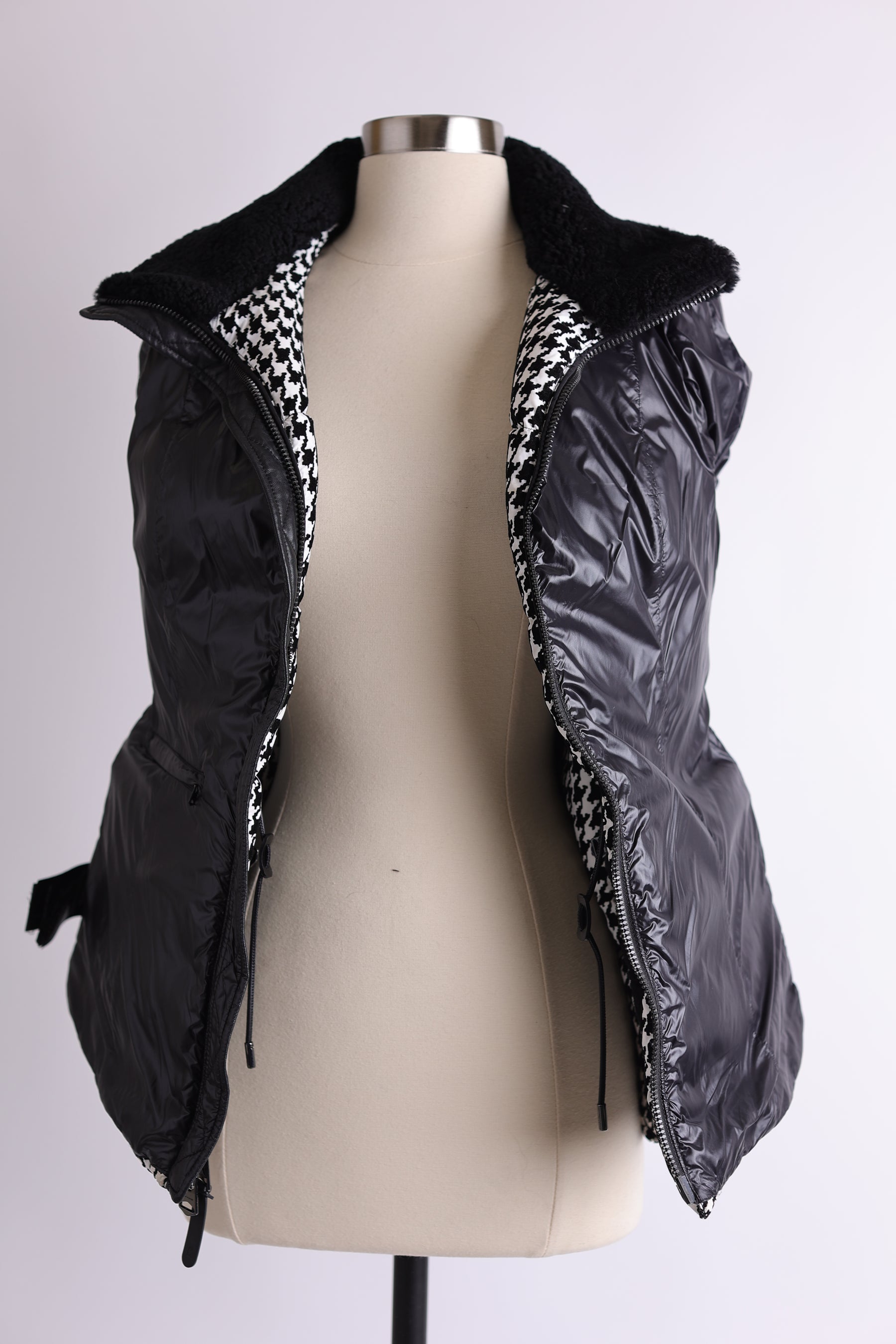 Elise Shearling Trim Houndstooth Down Puffer Jacket