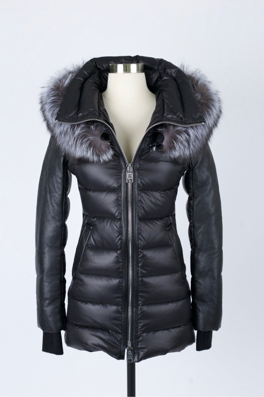 Leather Trim Down Parka W/ Fur Hood