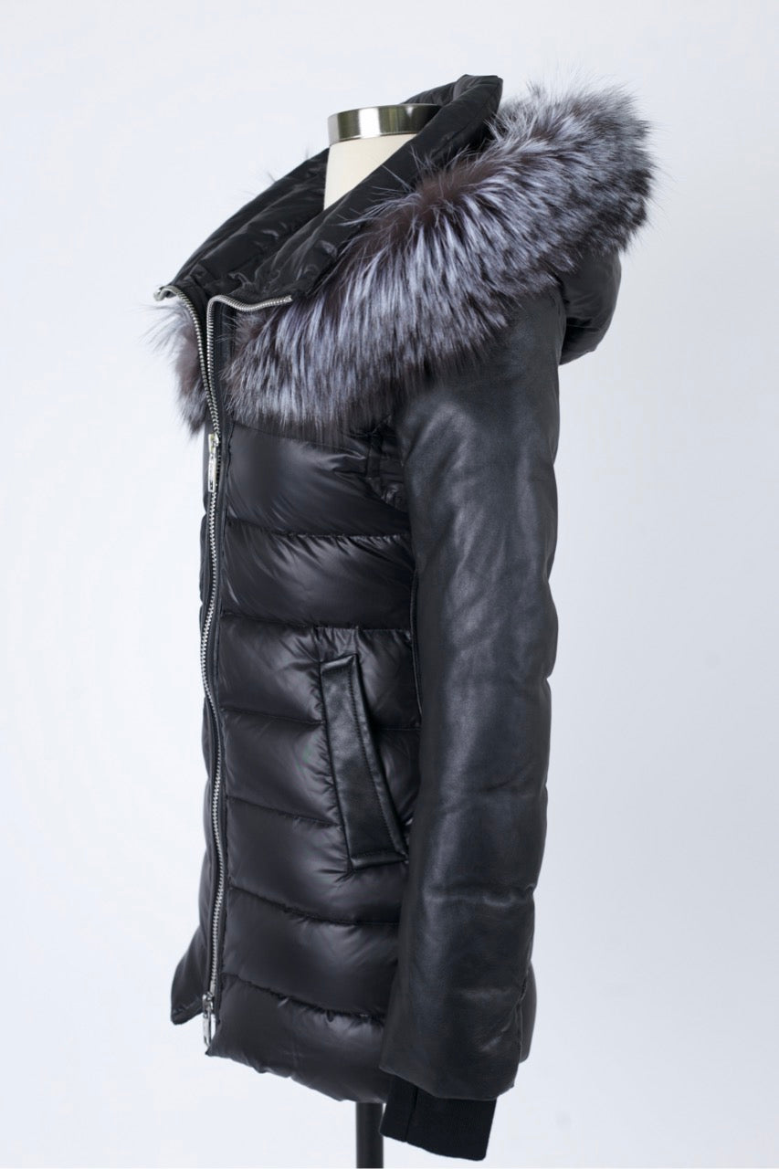 Leather Trim Down Parka W/ Fur Hood