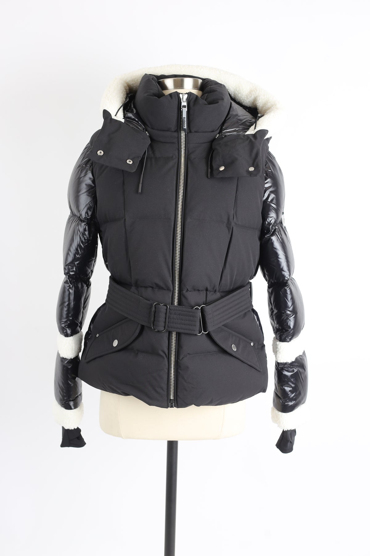 Audrey Faux Shearling Trim Down Belted Puffer Jacket