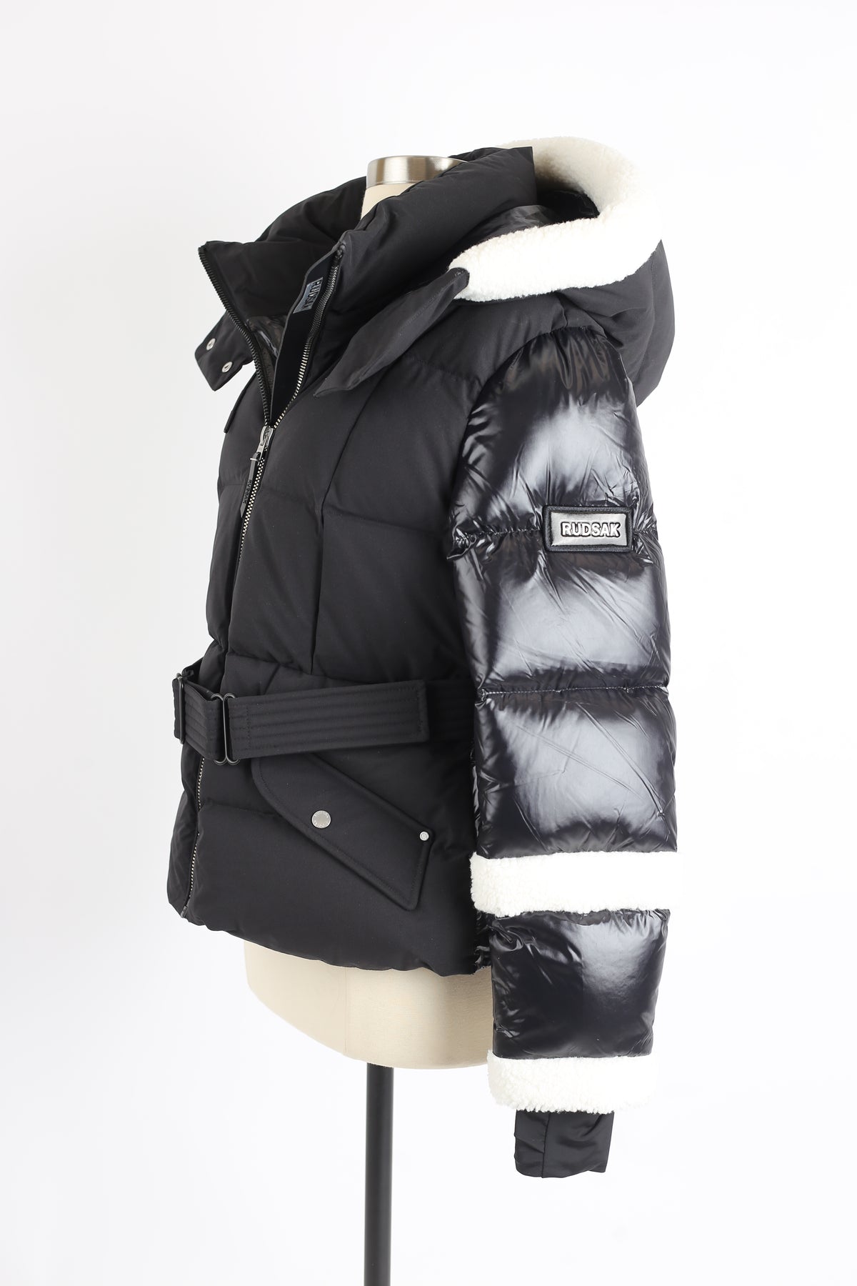 Audrey Faux Shearling Trim Down Belted Puffer Jacket