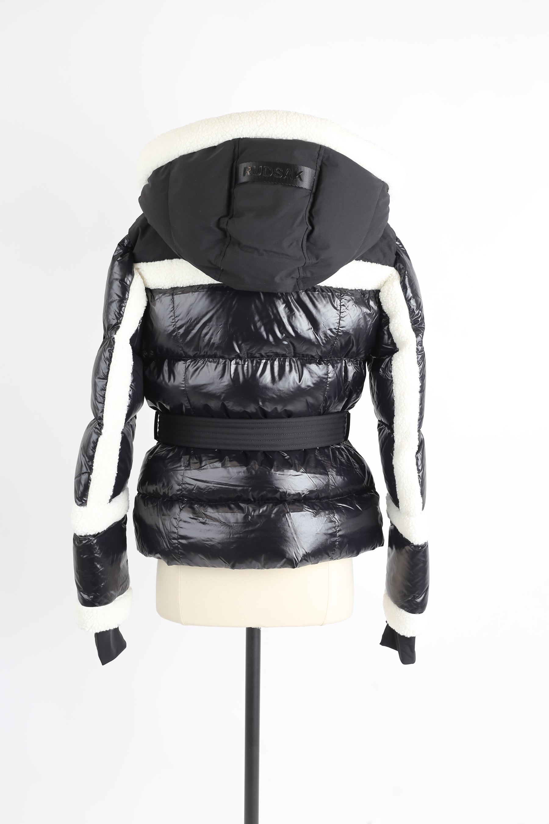 Audrey Faux Shearling Trim Down Belted Puffer Jacket