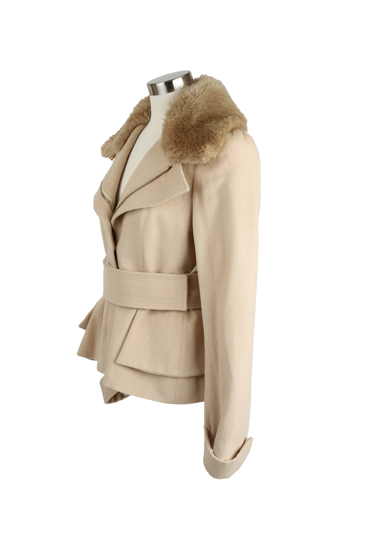 Camel Hair Belted Dress Coat W/ Beaver Fur Collar