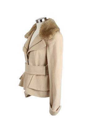 Camel Hair Belted Dress Coat W/ Beaver Fur Collar