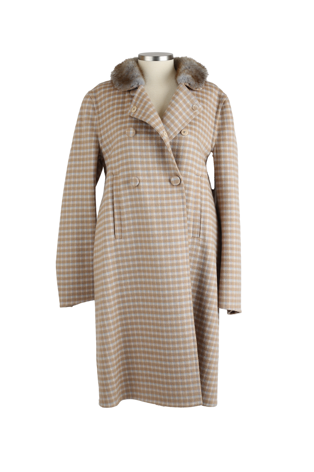 Plaid Wool Dress Coat W/ Mink Fur Collar