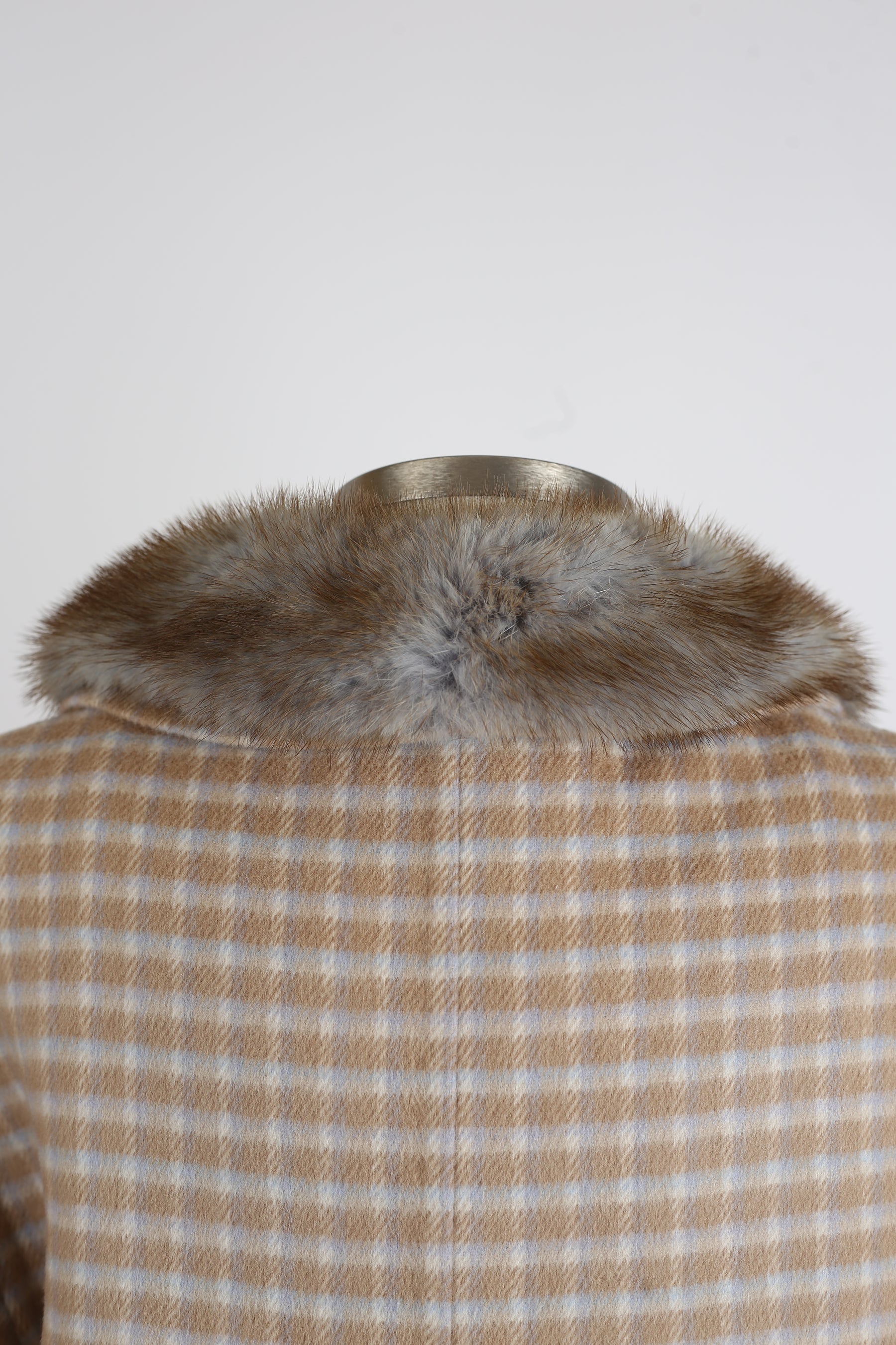 Plaid Wool Dress Coat W/ Mink Fur Collar