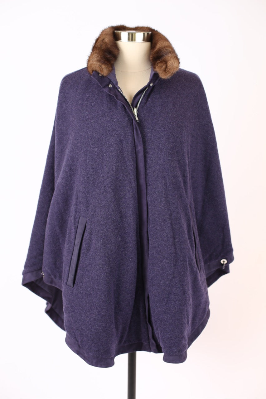 Reversible Cashmere Mink Collar Poncho -Amethyst